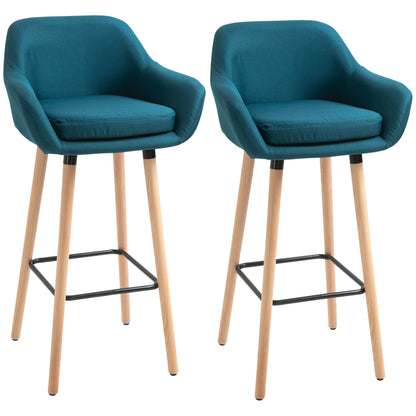 Scandinavian Design Bar Stools - Set of 2 High Comfort Bar Stools with Footrests and Armrests - Solid Wood Blue Linen