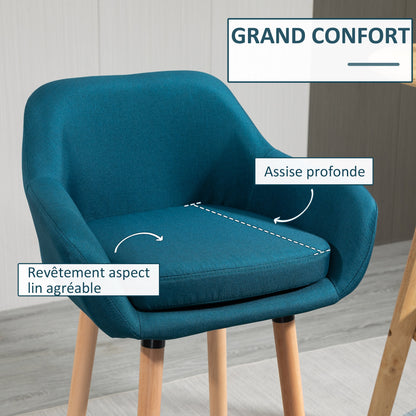Scandinavian Design Bar Stools - Set of 2 High Comfort Bar Stools with Footrests and Armrests - Solid Wood Blue Linen