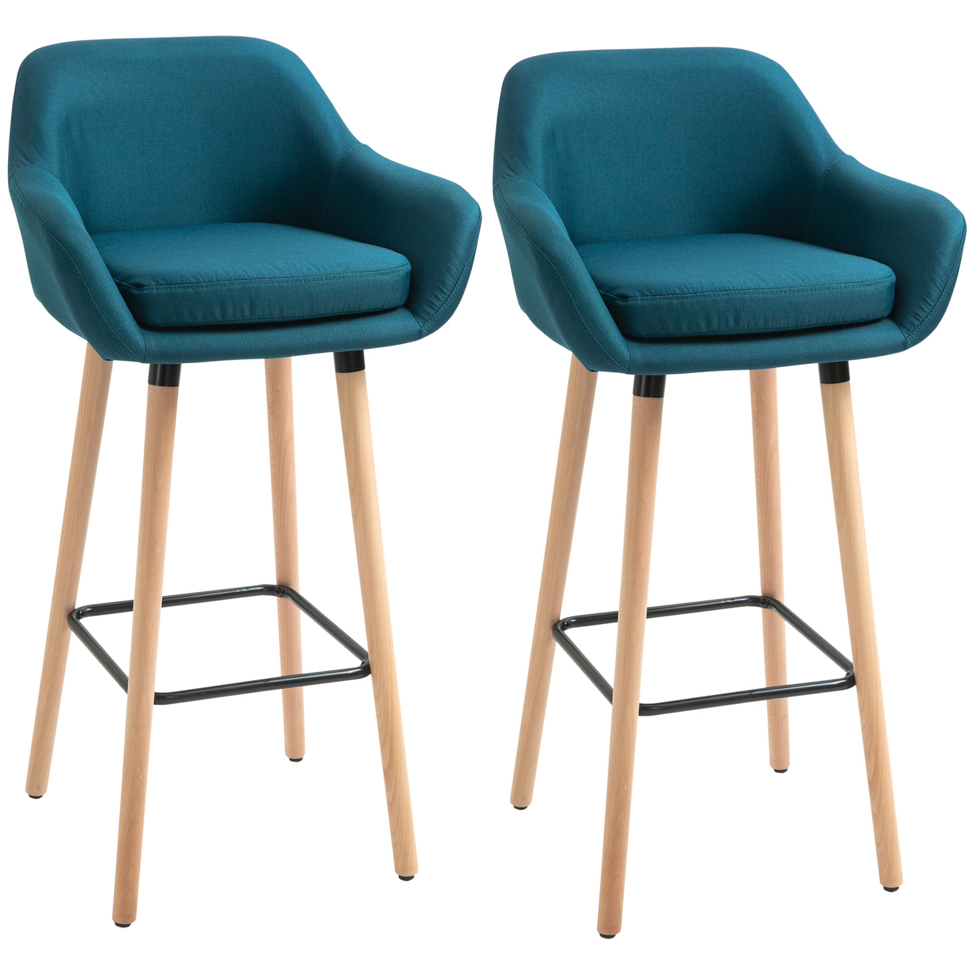 Scandinavian Design Bar Stools - Set of 2 High Comfort Bar Stools with Footrests and Armrests - Solid Wood Blue Linen