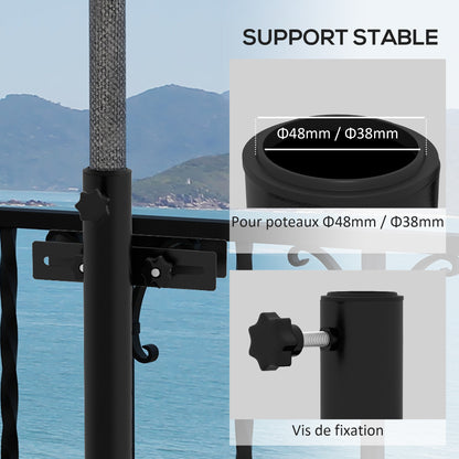 Balcony Parasol Stand with Adjustable Clamps Railing Support for 48mm and 38mm Poles, 21L x 14W x 58Hcm, Black Metal