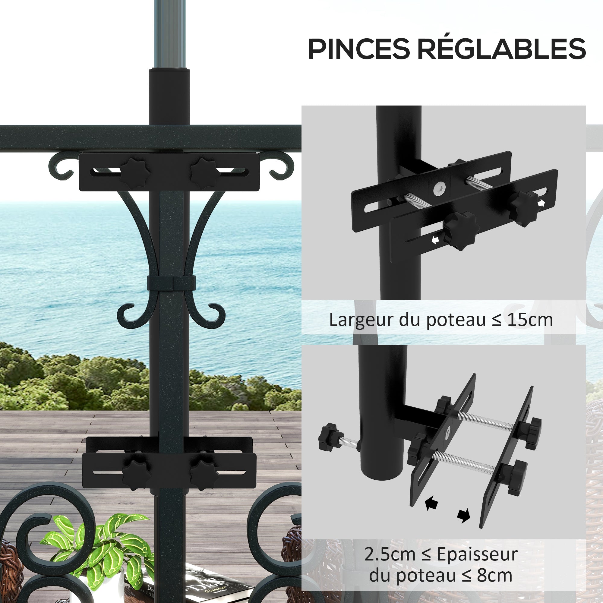 Balcony Parasol Stand with Adjustable Clamps Railing Support for 48mm and 38mm Poles, 21L x 14W x 58Hcm, Black Metal