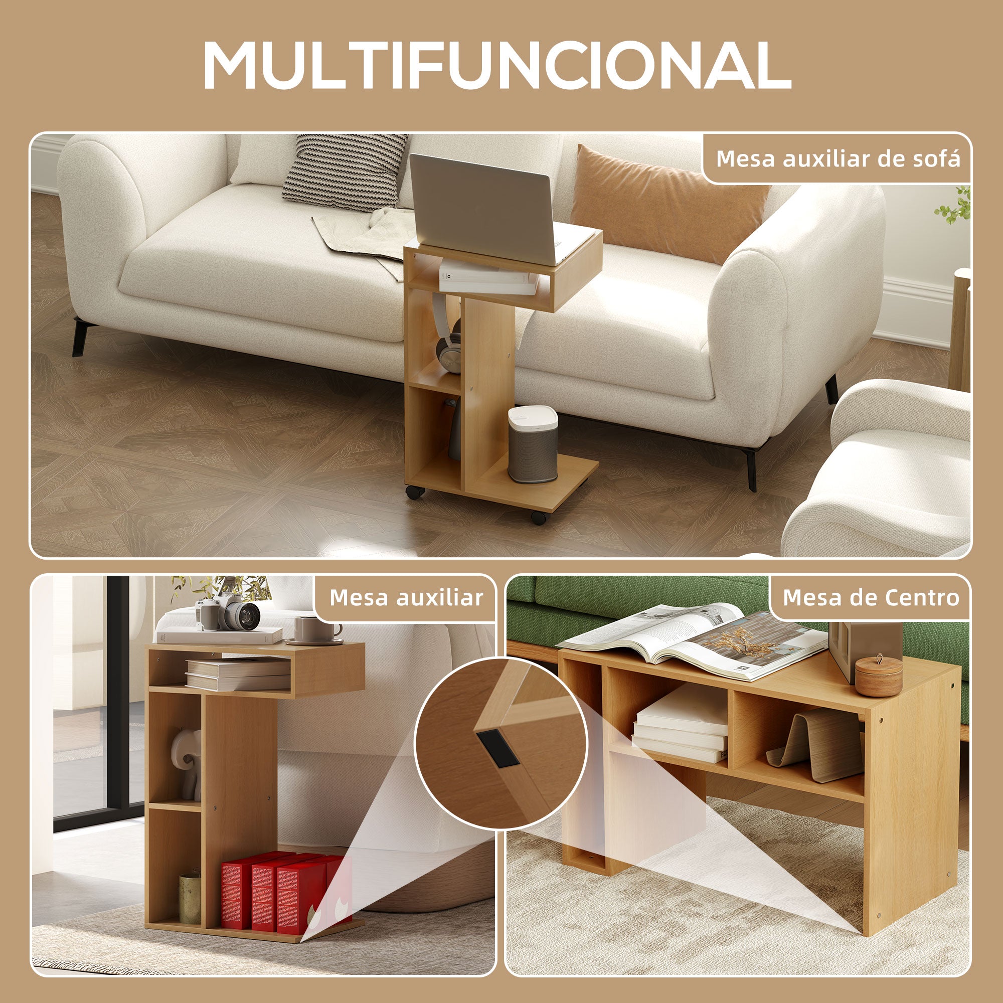 Multifunctional C-Shaped Side Table Sofa Side Table with Wheels Open Compartments End Table for Living Room Bedroom Office 40x30x69 cm Oak