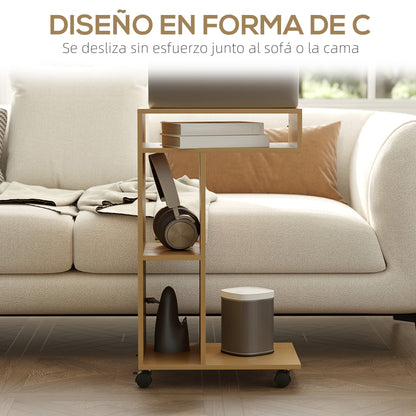 Multifunctional C-Shaped Side Table Sofa Side Table with Wheels Open Compartments End Table for Living Room Bedroom Office 40x30x69 cm Oak