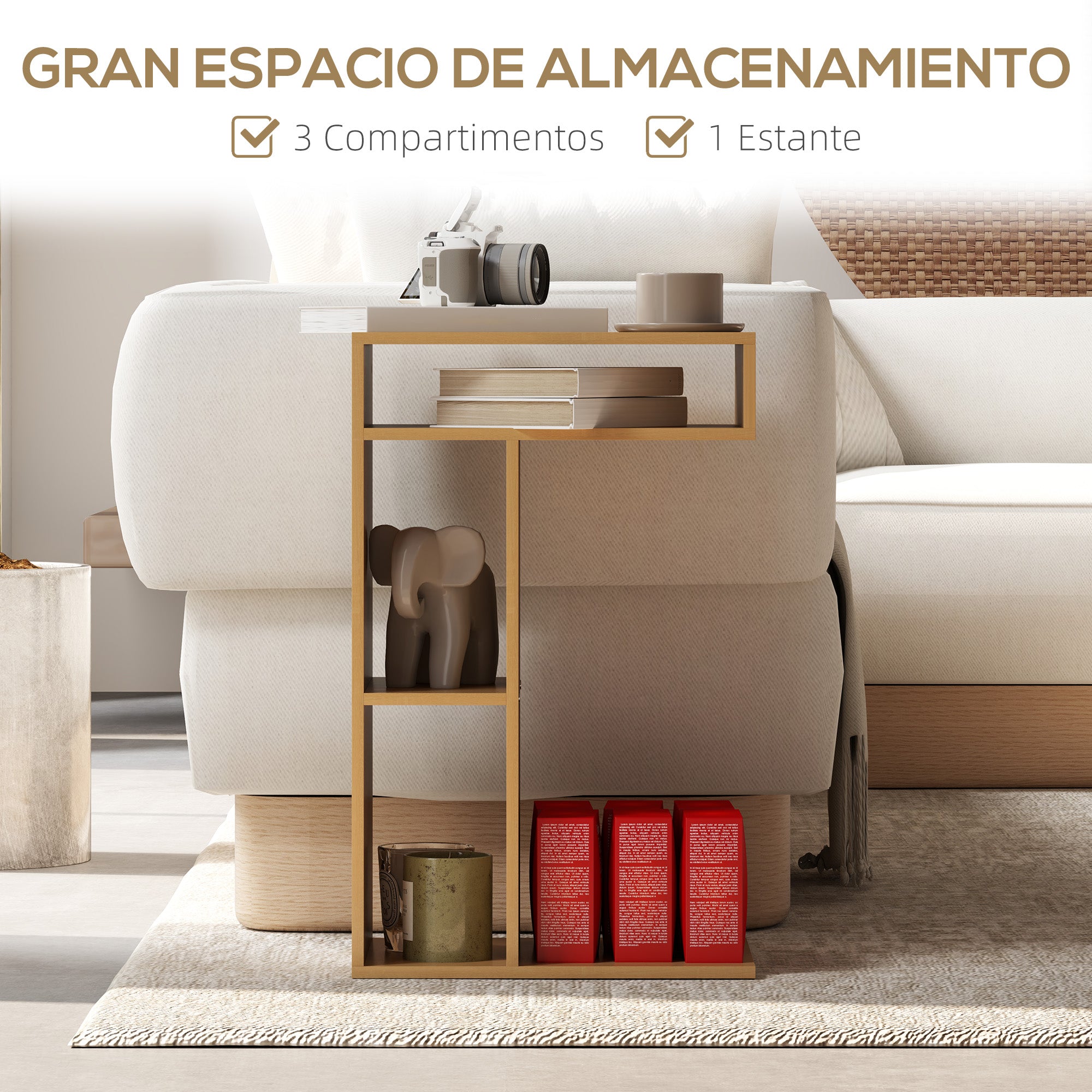 Multifunctional C-Shaped Side Table Sofa Side Table with Wheels Open Compartments End Table for Living Room Bedroom Office 40x30x69 cm Oak
