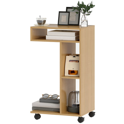 Multifunctional C-Shaped Side Table Sofa Side Table with Wheels Open Compartments End Table for Living Room Bedroom Office 40x30x69 cm Oak