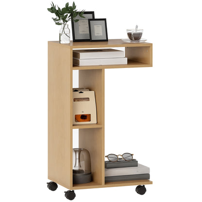 Multifunctional C-Shaped Side Table Sofa Side Table with Wheels Open Compartments End Table for Living Room Bedroom Office 40x30x69 cm Oak