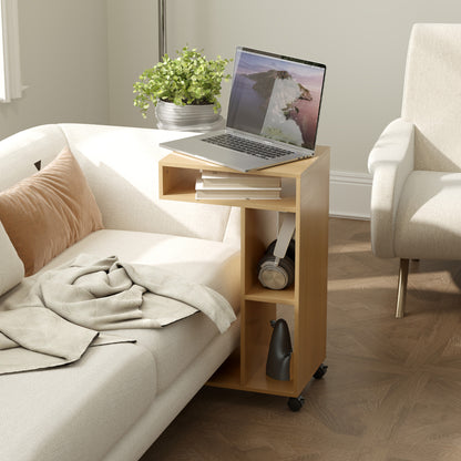 Multifunctional C-Shaped Side Table Sofa Side Table with Wheels Open Compartments End Table for Living Room Bedroom Office 40x30x69 cm Oak