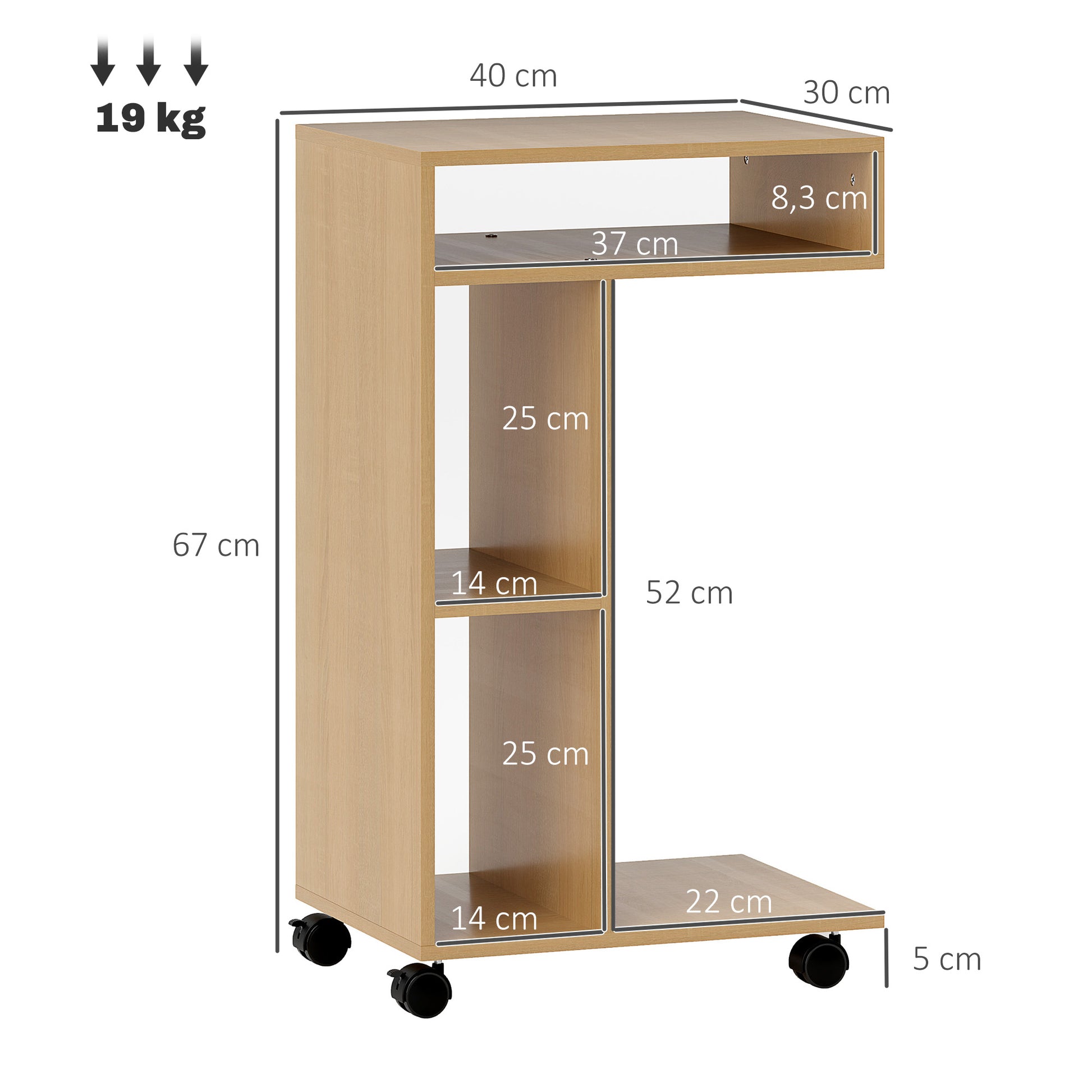 Multifunctional C-Shaped Side Table Sofa Side Table with Wheels Open Compartments End Table for Living Room Bedroom Office 40x30x69 cm Oak