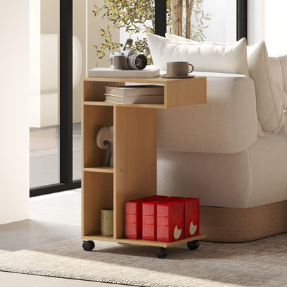 Multifunctional C-Shaped Side Table Sofa Side Table with Wheels Open Compartments End Table for Living Room Bedroom Office 40x30x69 cm Oak