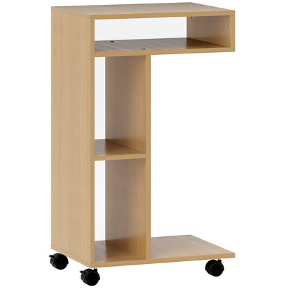 Multifunctional C-Shaped Side Table Sofa Side Table with Wheels Open Compartments End Table for Living Room Bedroom Office 40x30x69 cm Oak
