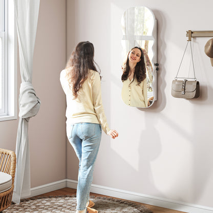 LED Jewelry Mirror with 3-Color Light, Wall- or Door-Mount Jewelry Cabinet with Lock, Full-Length Wavy Design, White