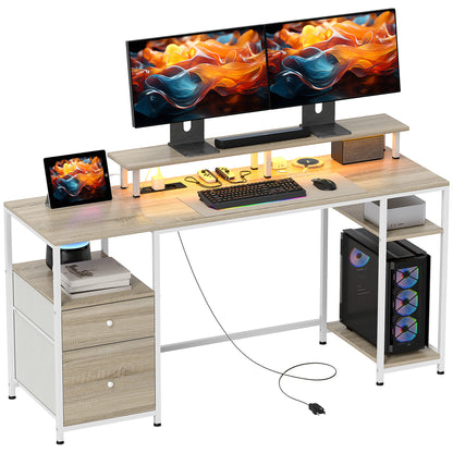 Writing Desk Computer Desk with LED Lights Shelves Drawers Power Outlets USB Ports and Monitor Stand for Office Study 155.5x48x75.5 cm Natural