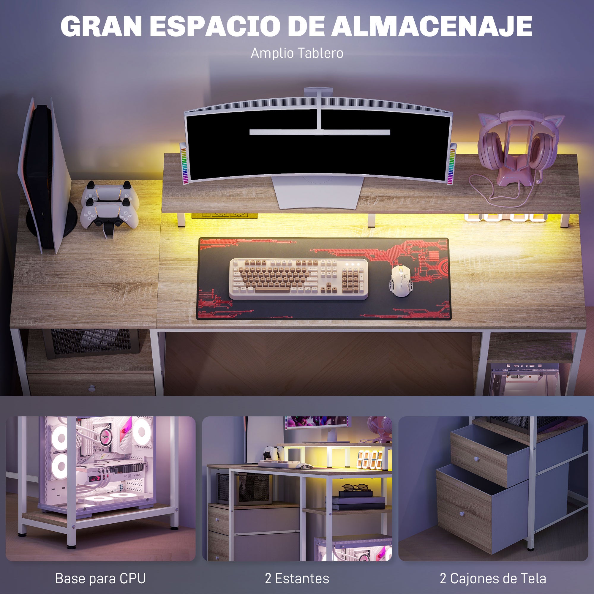 Writing Desk Computer Desk with LED Lights Shelves Drawers Power Outlets USB Ports and Monitor Stand for Office Study 155.5x48x75.5 cm Natural