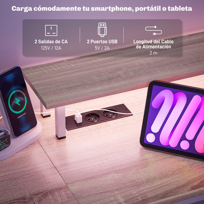 Writing Desk Computer Desk with LED Lights Shelves Drawers Power Outlets USB Ports and Monitor Stand for Office Study 155.5x48x75.5 cm Natural