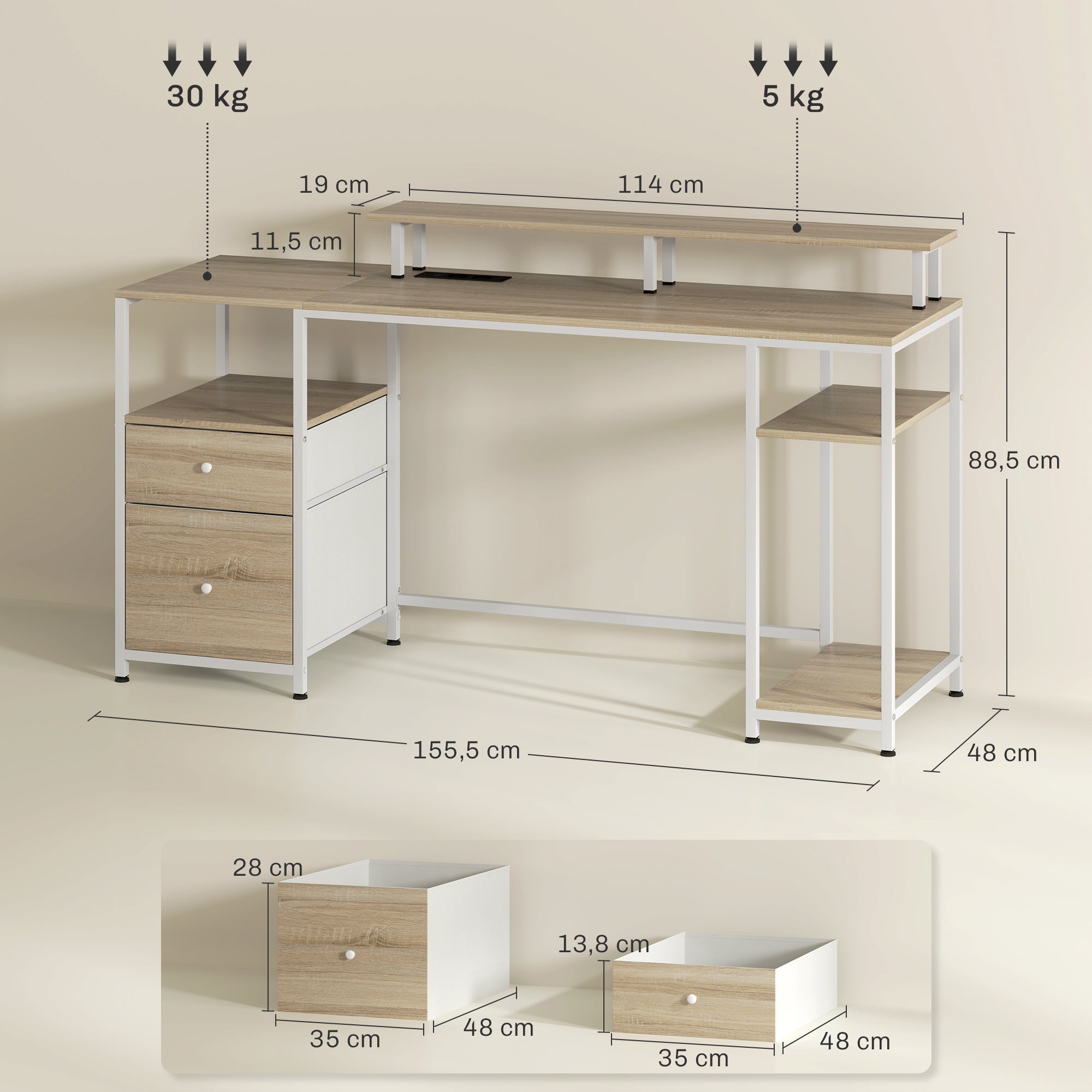 Writing Desk Computer Desk with LED Lights Shelves Drawers Power Outlets USB Ports and Monitor Stand for Office Study 155.5x48x75.5 cm Natural