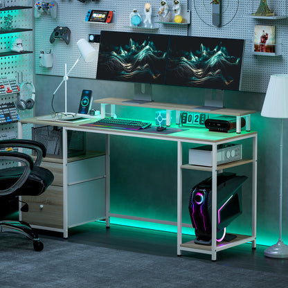 Writing Desk Computer Desk with LED Lights Shelves Drawers Power Outlets USB Ports and Monitor Stand for Office Study 155.5x48x75.5 cm Natural