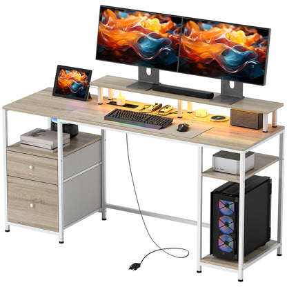 Writing Desk Computer Desk with LED Lights Shelves Drawers Power Outlets USB Ports and Monitor Stand for Office Study 155.5x48x75.5 cm Natural