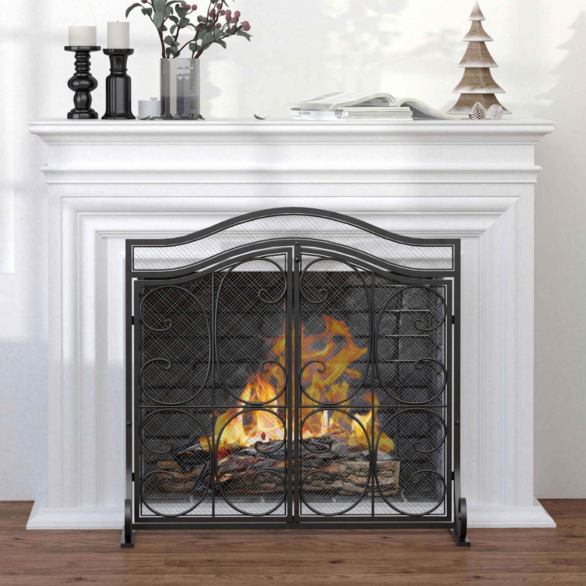 Fireplace Screen Guard for Wood Burning Fireplace, Indoor Fireplace Cover with 2 Clip Closure Doors, 88x30x89cm, Black