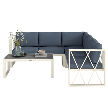 4-Piece Outdoor Garden Furniture Set Sectional L-Shape Sofa with 2 Two-Seater Sofas Adjustable Corner Sofa and Center Table with Beige and Gray Cushions