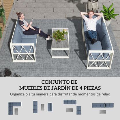 4-Piece Outdoor Garden Furniture Set Sectional L-Shape Sofa with 2 Two-Seater Sofas Adjustable Corner Sofa and Center Table with Beige and Gray Cushions