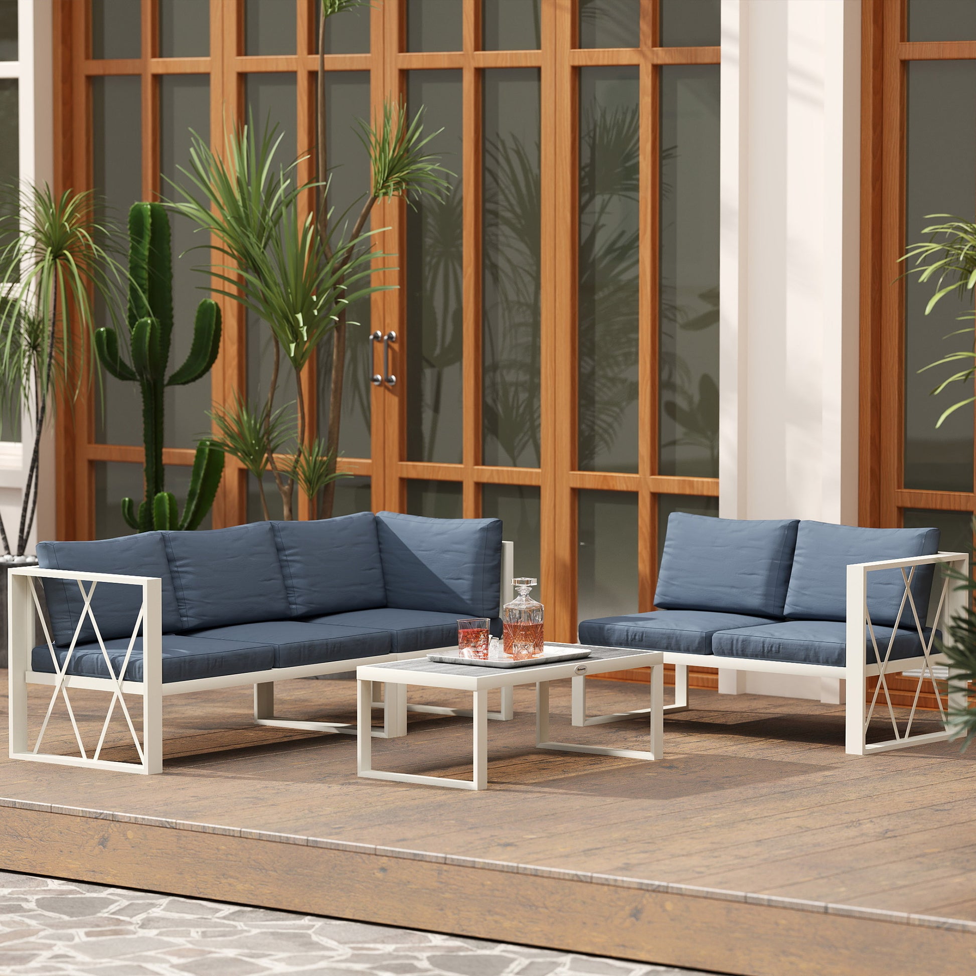 4-Piece Outdoor Garden Furniture Set Sectional L-Shape Sofa with 2 Two-Seater Sofas Adjustable Corner Sofa and Center Table with Beige and Gray Cushions