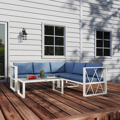 4-Piece Outdoor Garden Furniture Set Sectional L-Shape Sofa with 2 Two-Seater Sofas Adjustable Corner Sofa and Center Table with Beige and Gray Cushions