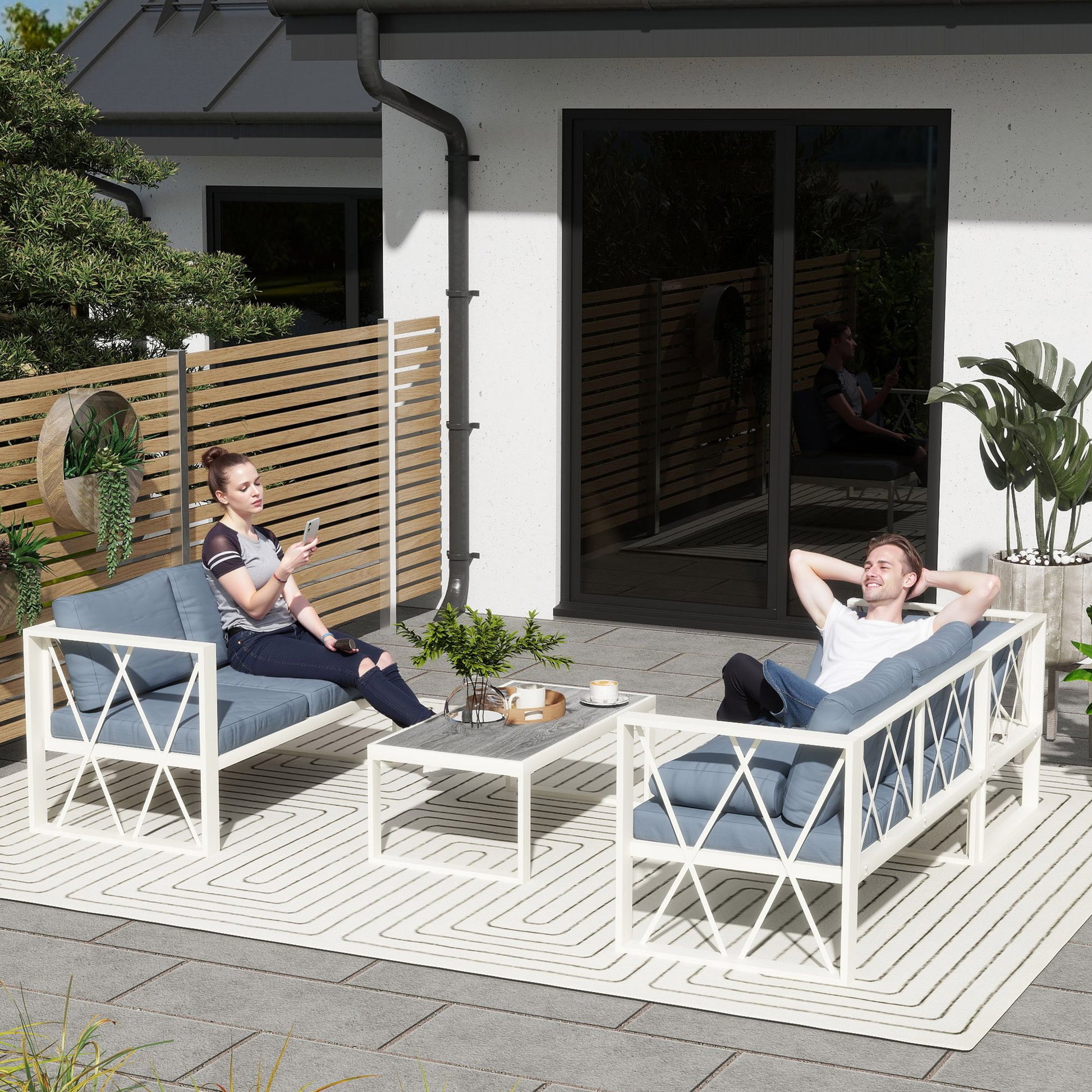 4-Piece Outdoor Garden Furniture Set Sectional L-Shape Sofa with 2 Two-Seater Sofas Adjustable Corner Sofa and Center Table with Beige and Gray Cushions