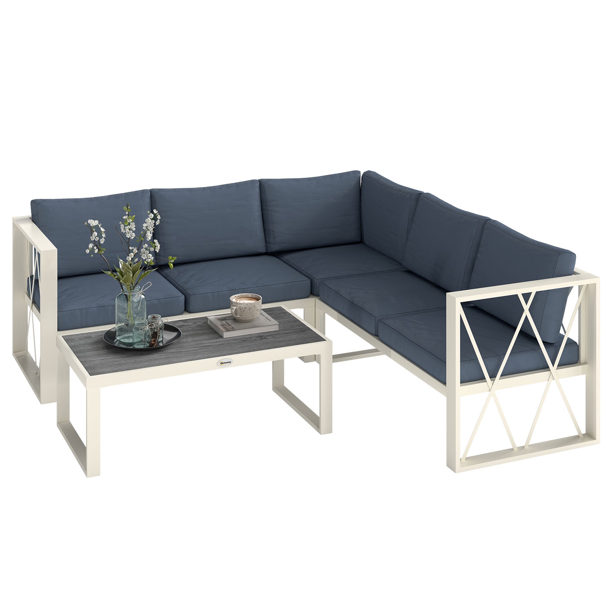 4-Piece Outdoor Garden Furniture Set Sectional L-Shape Sofa with 2 Two-Seater Sofas Adjustable Corner Sofa and Center Table with Beige and Gray Cushions