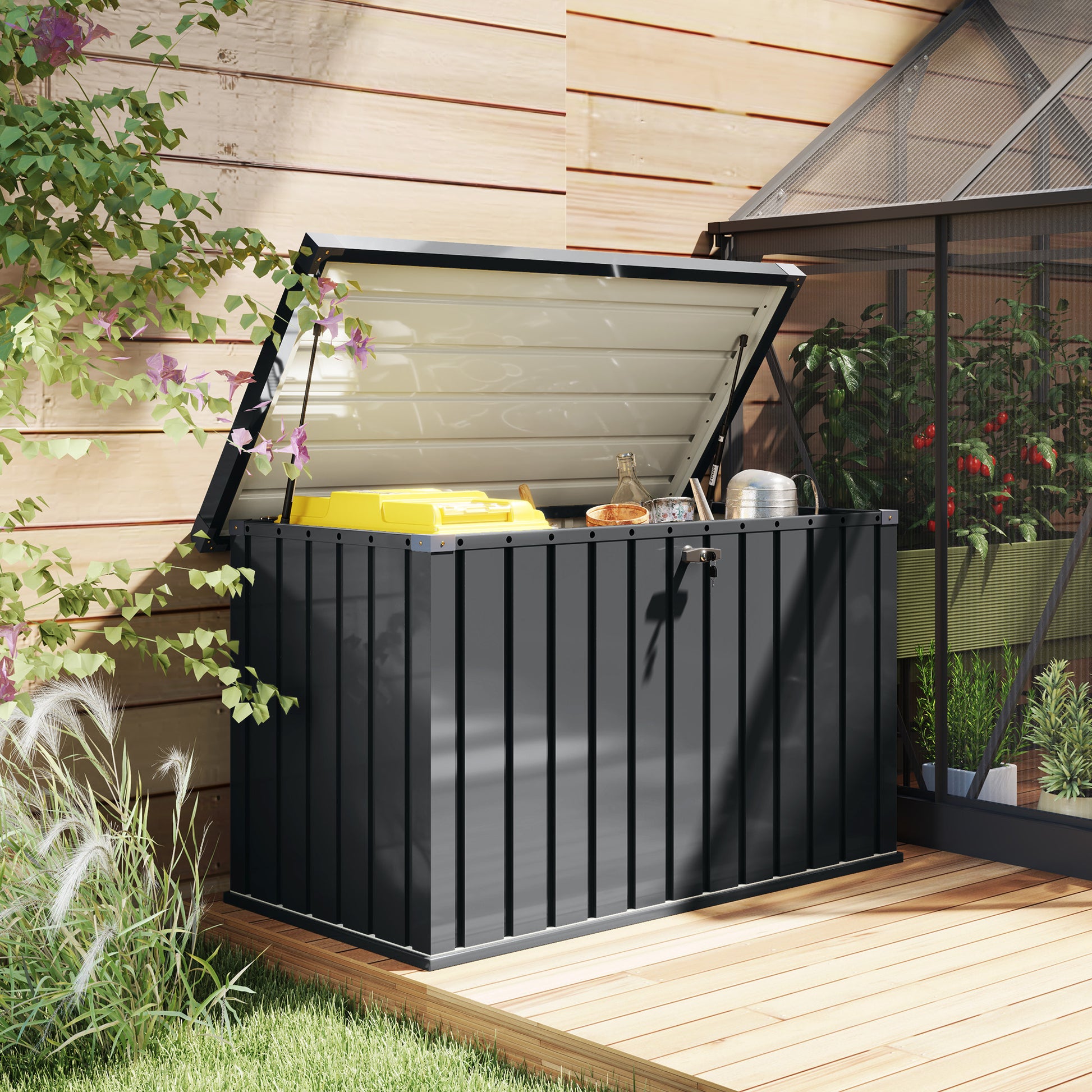 400L Outdoor Storage Box with Double Gas Strut Lid, Lock, and 2 Keys, Waterproof Galvanized Steel Storage Chest, 124x66x72 cm, Dark Grey