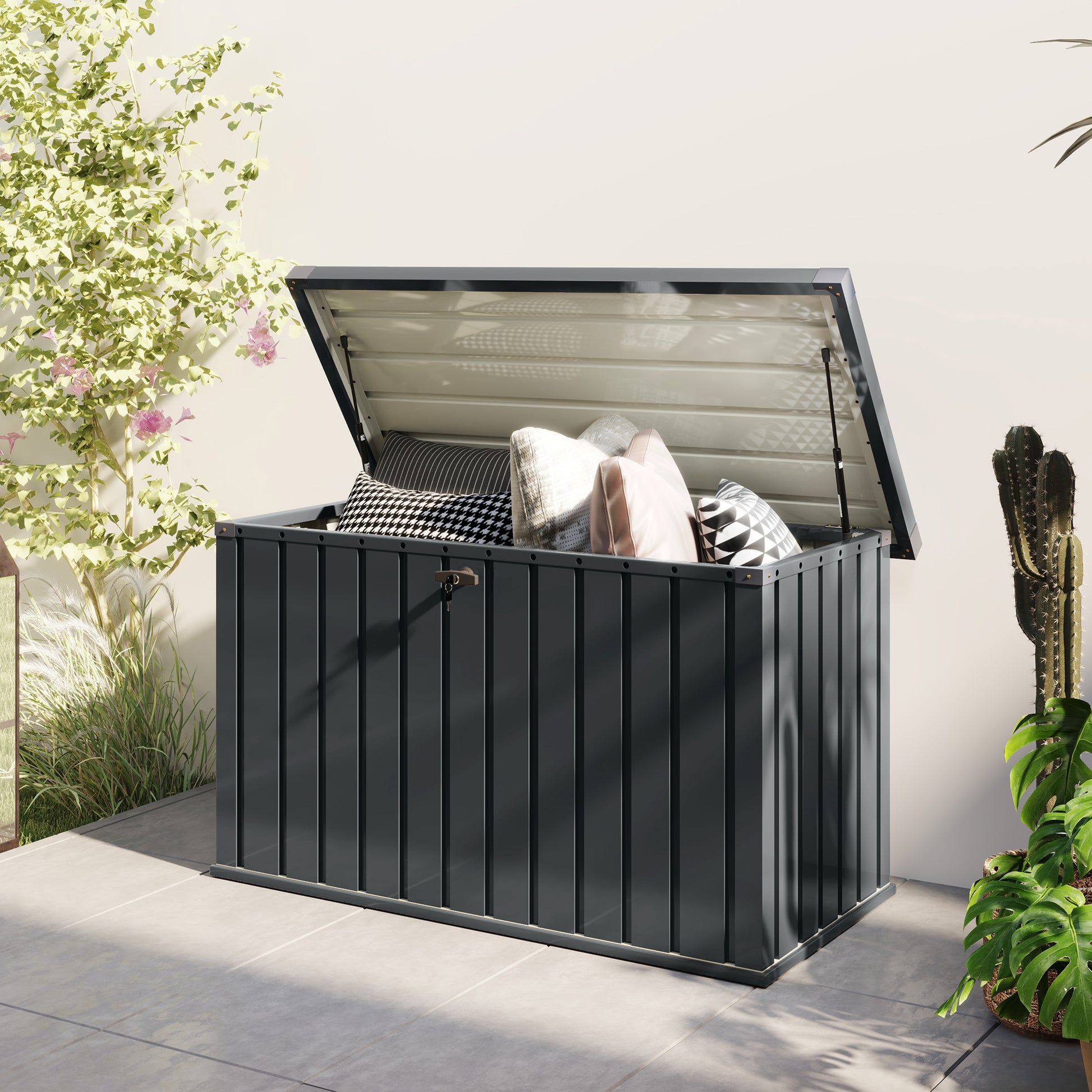 400L Outdoor Storage Box with Double Gas Strut Lid, Lock, and 2 Keys, Waterproof Galvanized Steel Storage Chest, 124x66x72 cm, Dark Grey