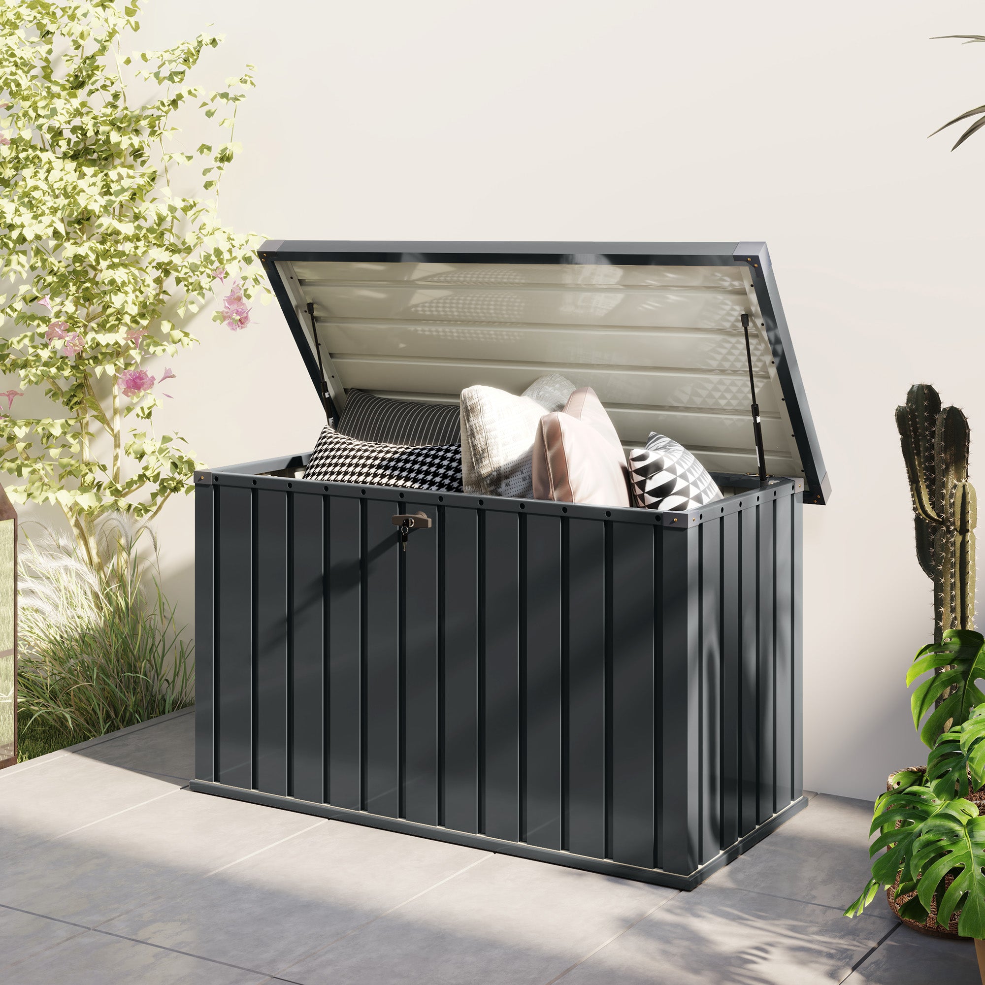 400L Outdoor Storage Box with Double Gas Strut Lid, Lock, and 2 Keys, Waterproof Galvanized Steel Storage Chest, 124x66x72 cm, Dark Grey