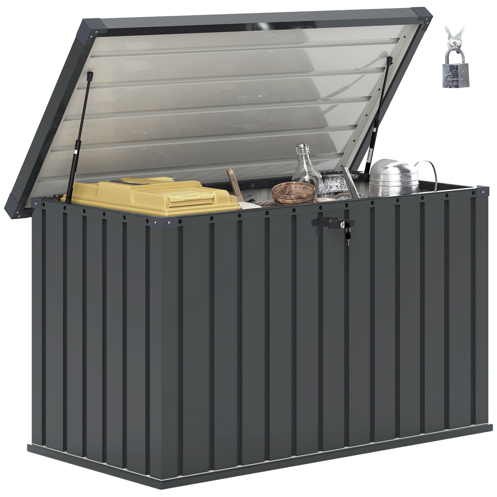 400L Outdoor Storage Box with Double Gas Strut Lid, Lock, and 2 Keys, Waterproof Galvanized Steel Storage Chest, 124x66x72 cm, Dark Grey