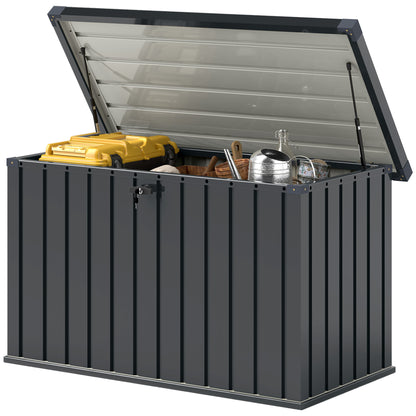 400L Outdoor Storage Box with Double Gas Strut Lid, Lock, and 2 Keys, Waterproof Galvanized Steel Storage Chest, 124x66x72 cm, Dark Grey