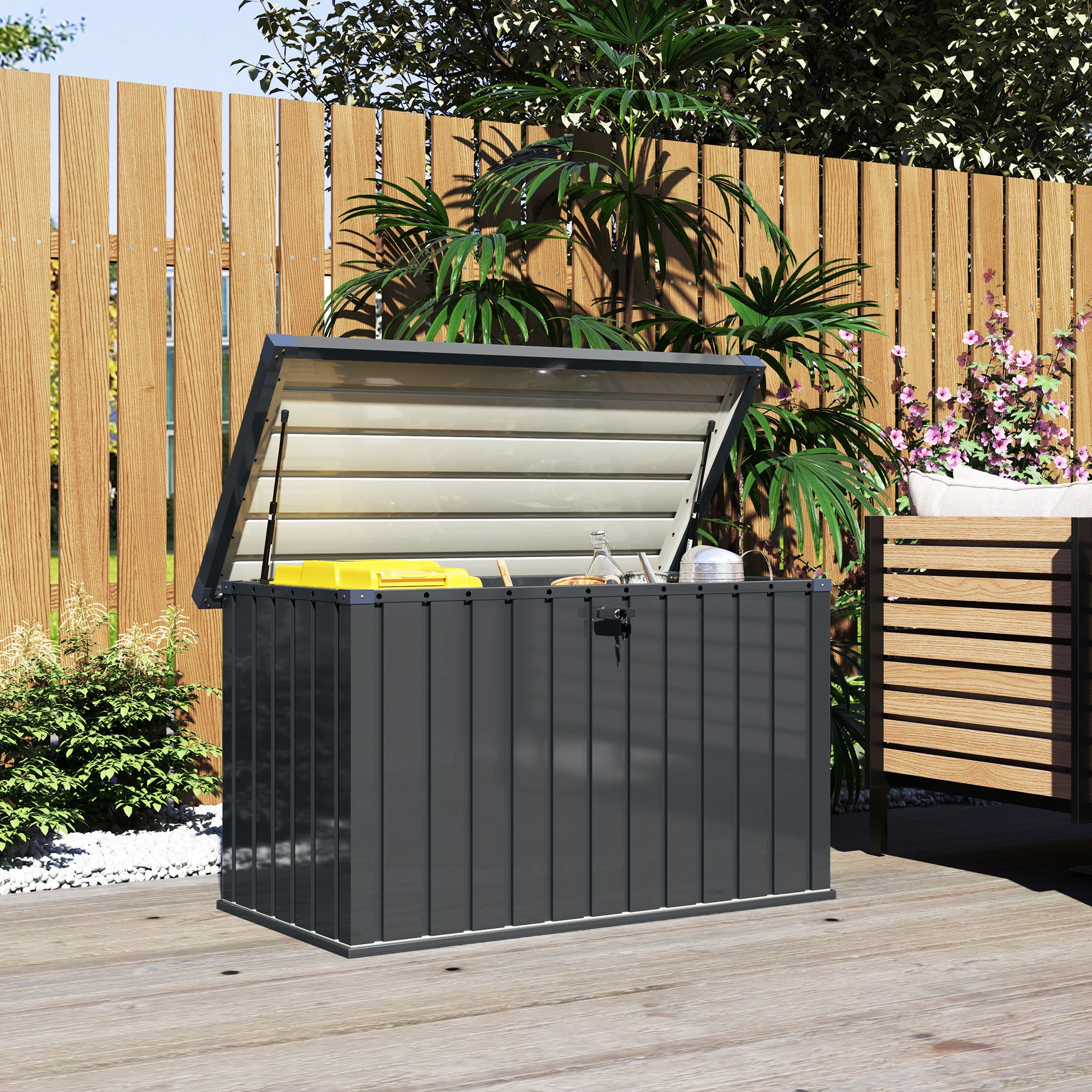400L Outdoor Storage Box with Double Gas Strut Lid, Lock, and 2 Keys, Waterproof Galvanized Steel Storage Chest, 124x66x72 cm, Dark Grey