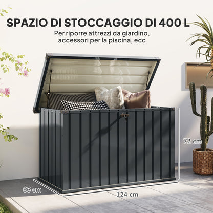 400L Outdoor Storage Box with Double Gas Strut Lid, Lock, and 2 Keys, Waterproof Galvanized Steel Storage Chest, 124x66x72 cm, Dark Grey