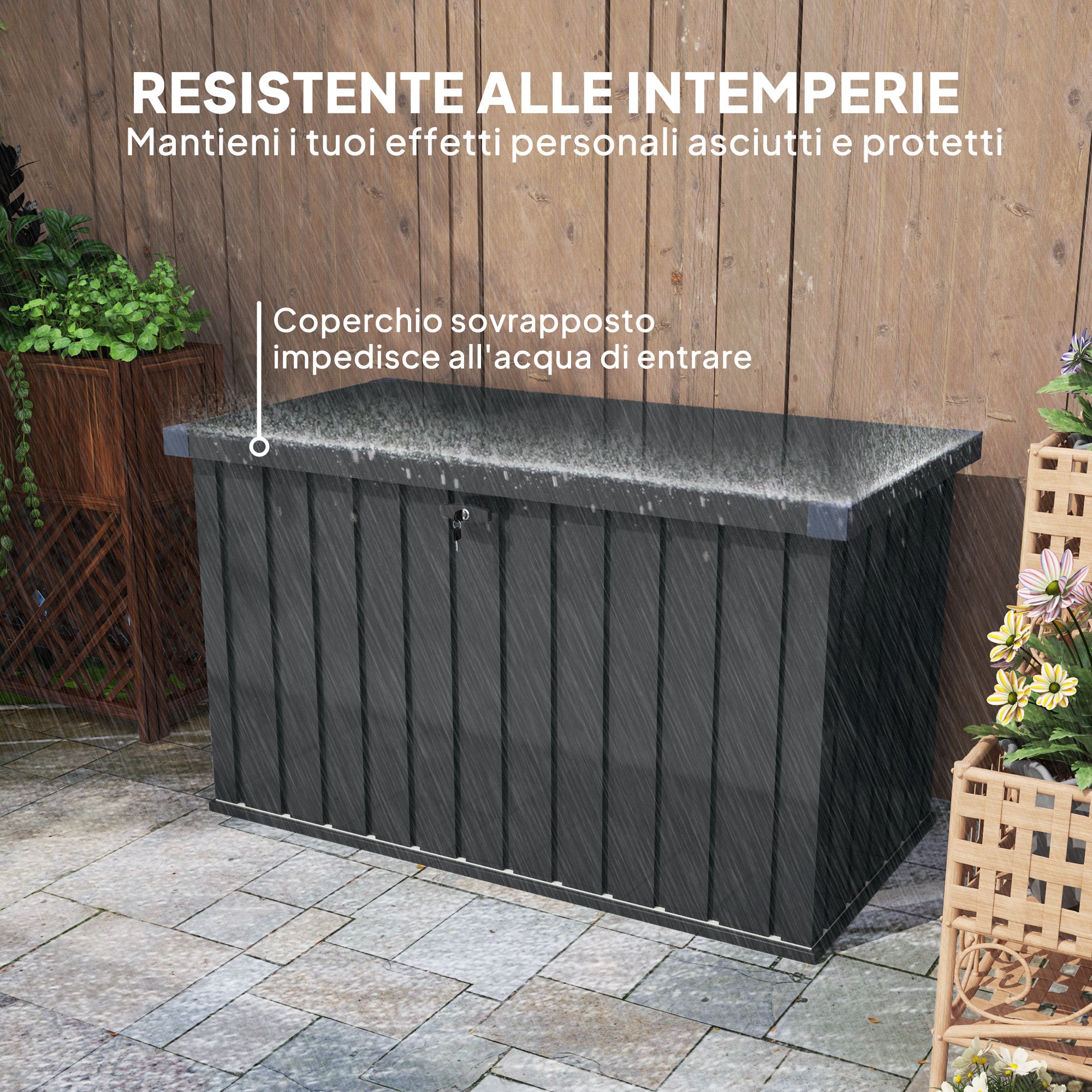 400L Outdoor Storage Box with Double Gas Strut Lid, Lock, and 2 Keys, Waterproof Galvanized Steel Storage Chest, 124x66x72 cm, Dark Grey
