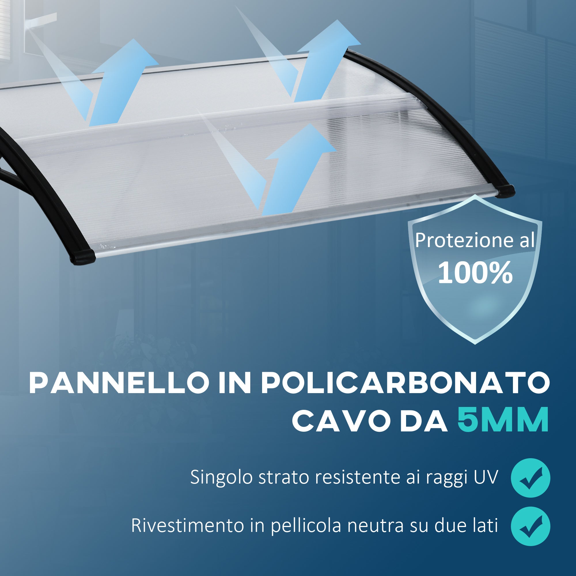 Polycarbonate and Aluminum Canopy for Balconies, Windows, and Doors, Outdoor Awning with PP Support, 110x60x18cm, Transparent