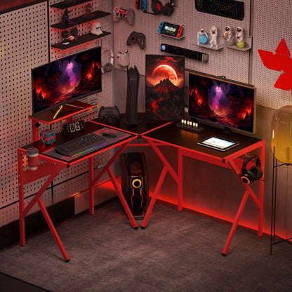 Gaming Desk Corner Gamer Desk 125 x 125 cm L-Shaped Desk with Carbon Fiber Desktop, Screen Stand Cup Holder and Headphone Hook, Red