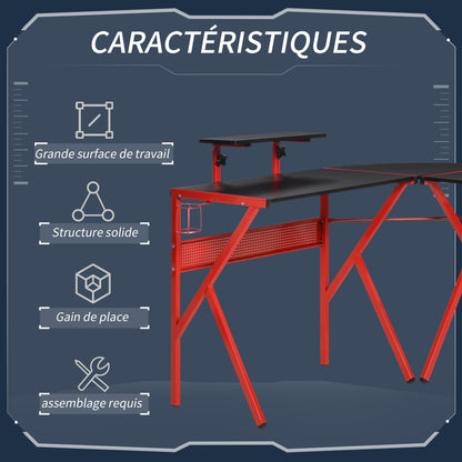 Gaming Desk Corner Gamer Desk 125 x 125 cm L-Shaped Desk with Carbon Fiber Desktop, Screen Stand Cup Holder and Headphone Hook, Red