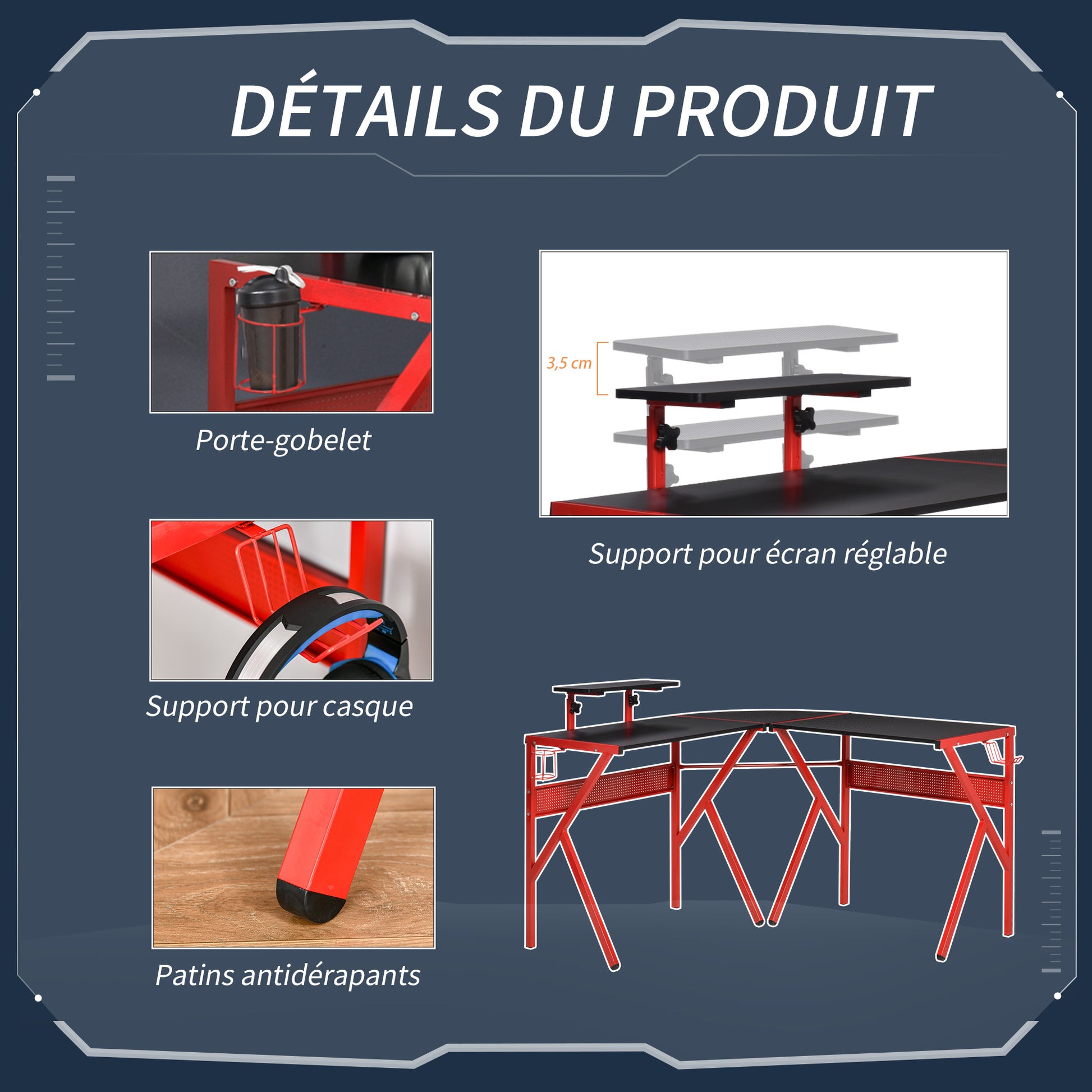 Gaming Desk Corner Gamer Desk 125 x 125 cm L-Shaped Desk with Carbon Fiber Desktop, Screen Stand Cup Holder and Headphone Hook, Red