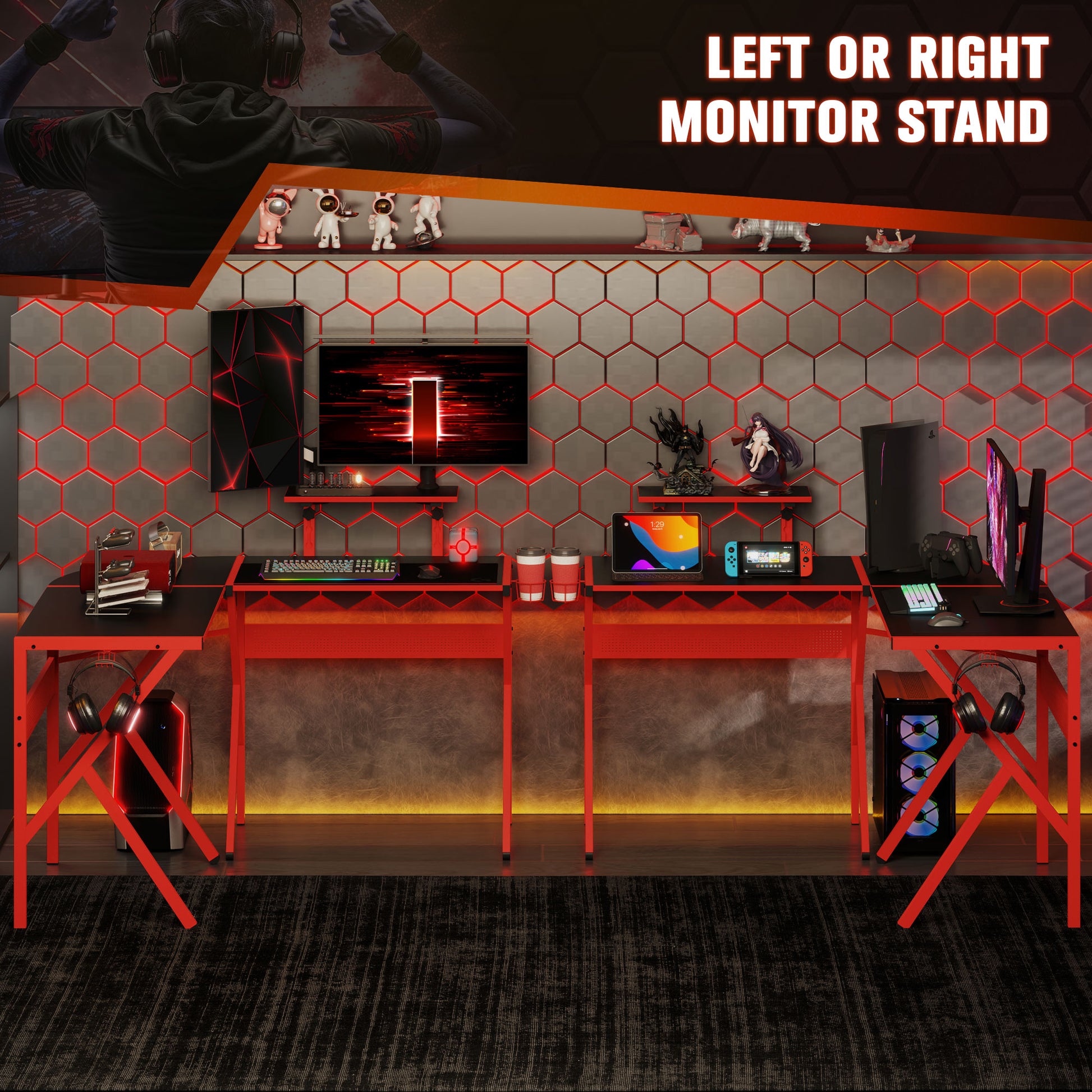 Gaming Desk Corner Gamer Desk 125 x 125 cm L-Shaped Desk with Carbon Fiber Desktop, Screen Stand Cup Holder and Headphone Hook, Red