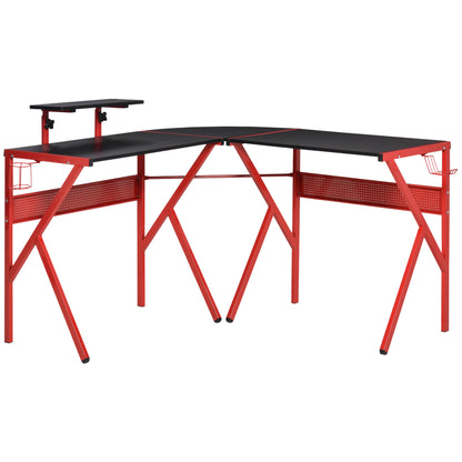 Gaming Desk Corner Gamer Desk 125 x 125 cm L-Shaped Desk with Carbon Fiber Desktop, Screen Stand Cup Holder and Headphone Hook, Red
