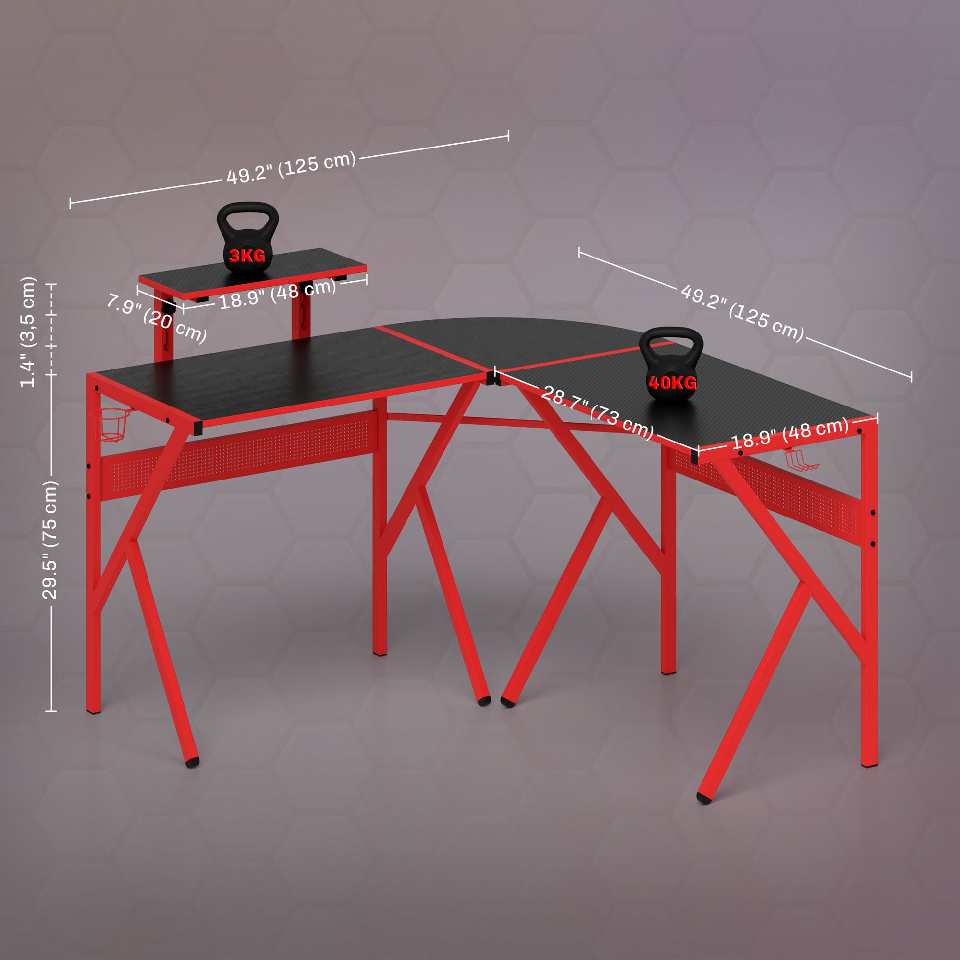 Gaming Desk Corner Gamer Desk 125 x 125 cm L-Shaped Desk with Carbon Fiber Desktop, Screen Stand Cup Holder and Headphone Hook, Red