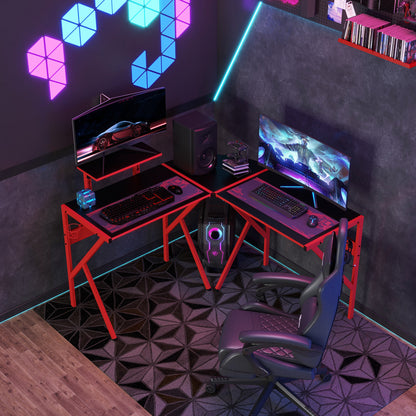 Gaming Desk Corner Gamer Desk 125 x 125 cm L-Shaped Desk with Carbon Fiber Desktop, Screen Stand Cup Holder and Headphone Hook, Red