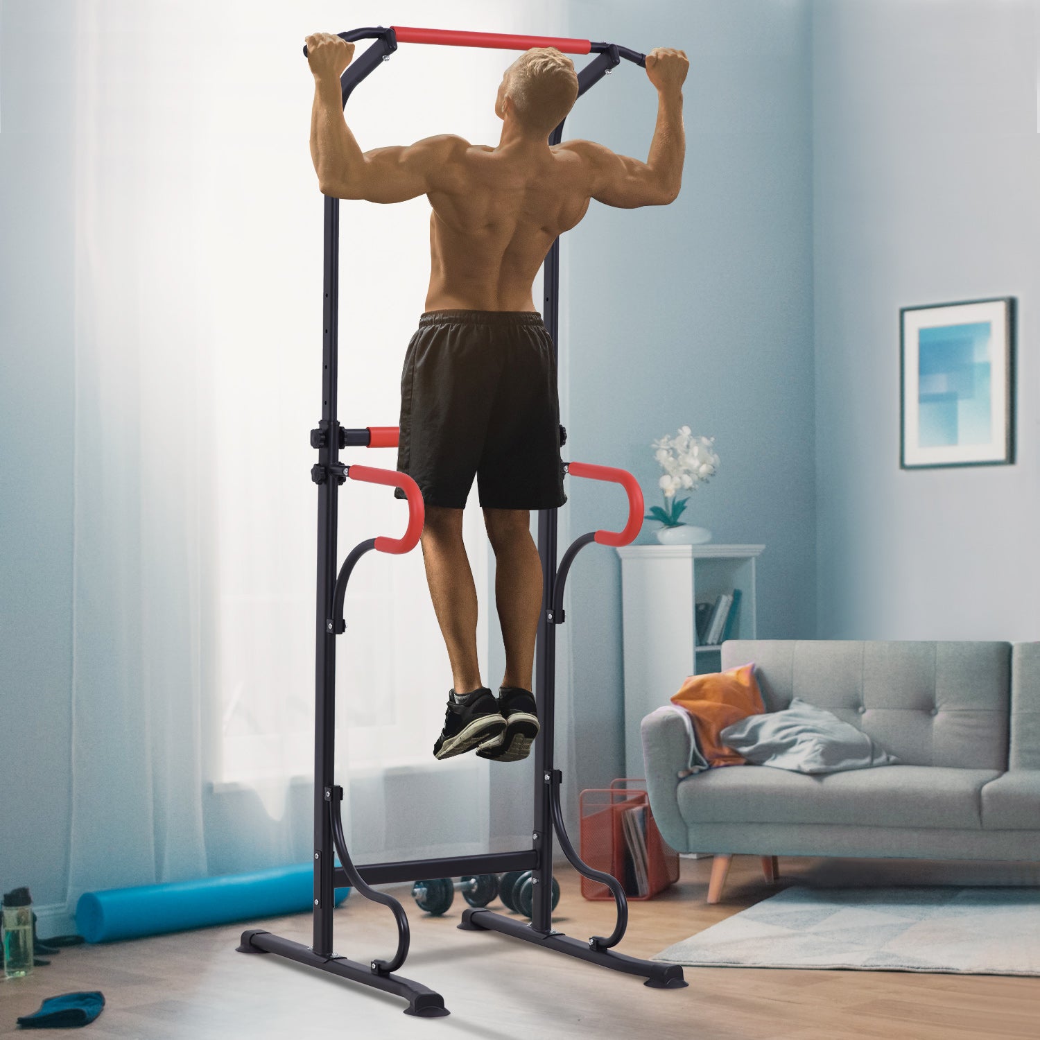 Multifunctional Gym Station Pull-Up Bar Roman Chair Adjustable Height Steel Black Red