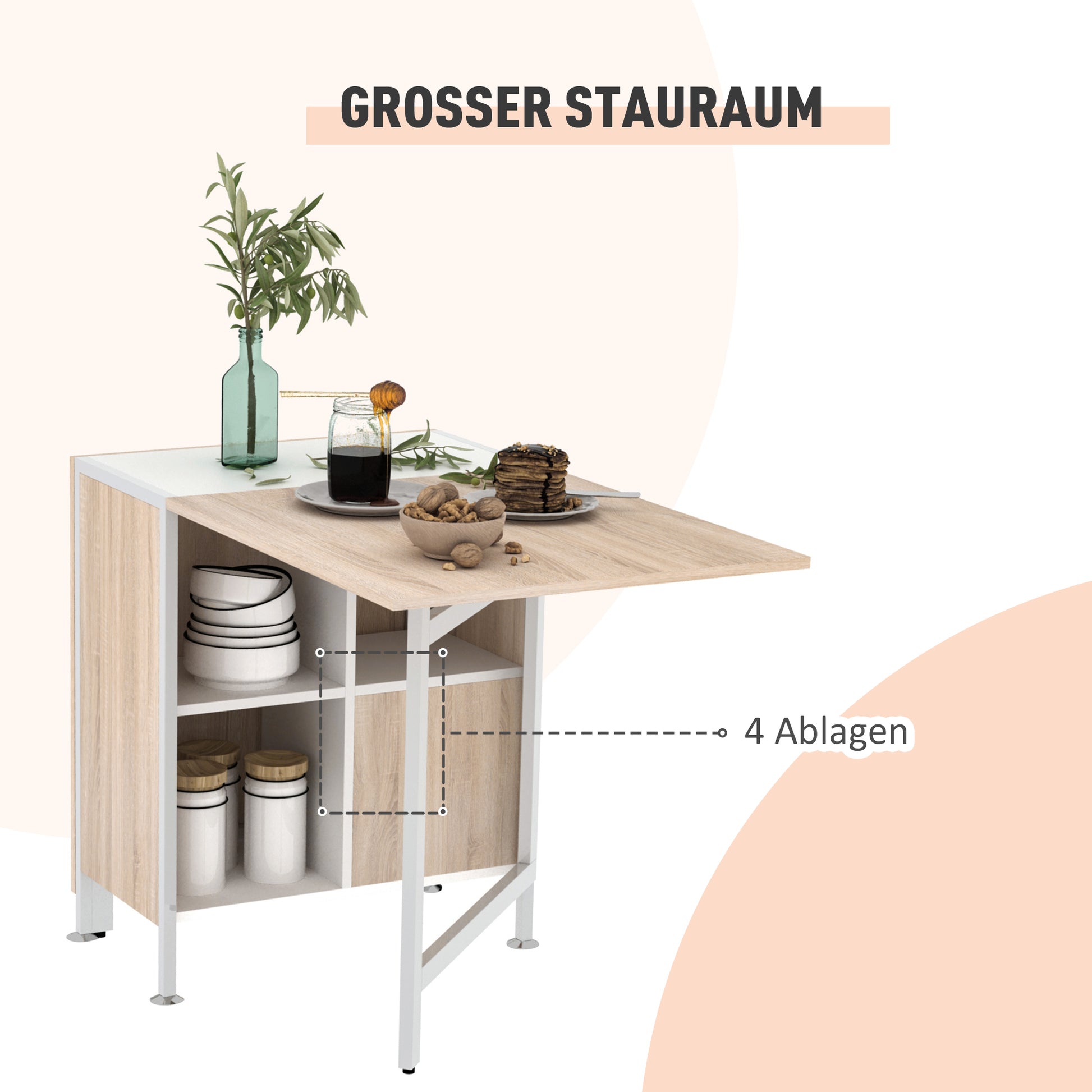 Folding Table Dining Table Side Tables Shelf for Living Room Kitchen Oak Wood Metal Frame Natural+White 169 x 60 x 75 cm