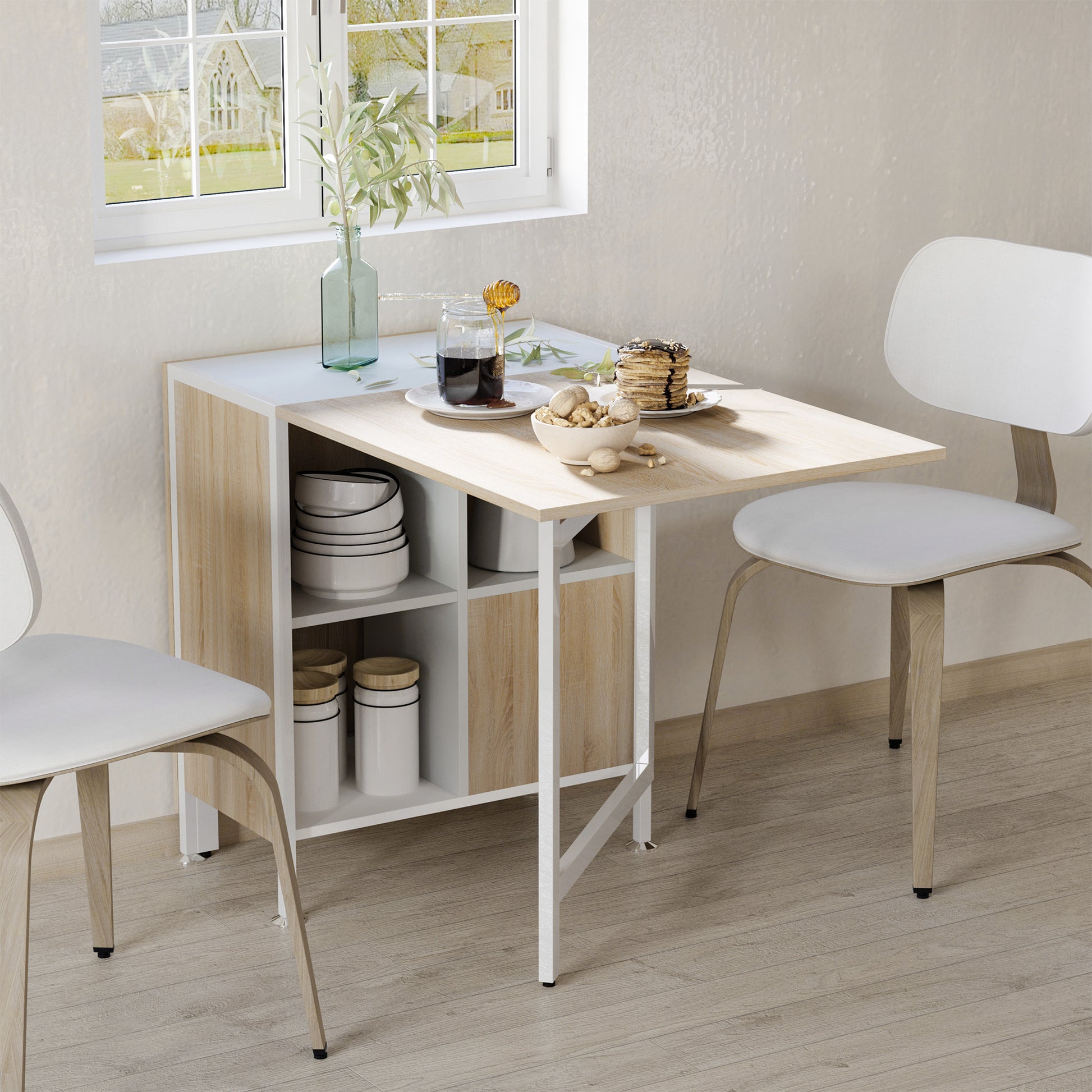 Folding Table Dining Table Side Tables Shelf for Living Room Kitchen Oak Wood Metal Frame Natural+White 169 x 60 x 75 cm