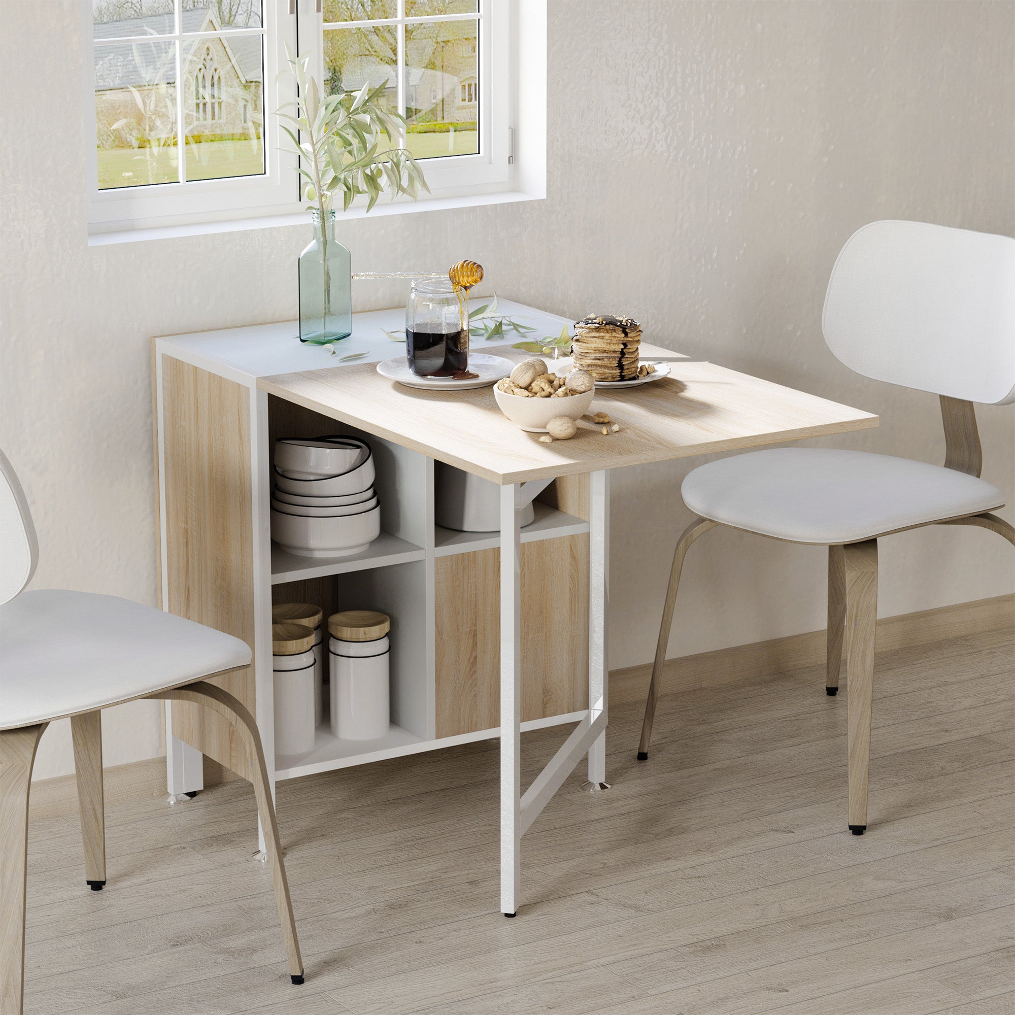 Folding Table Dining Table Side Tables Shelf for Living Room Kitchen Oak Wood Metal Frame Natural+White 169 x 60 x 75 cm