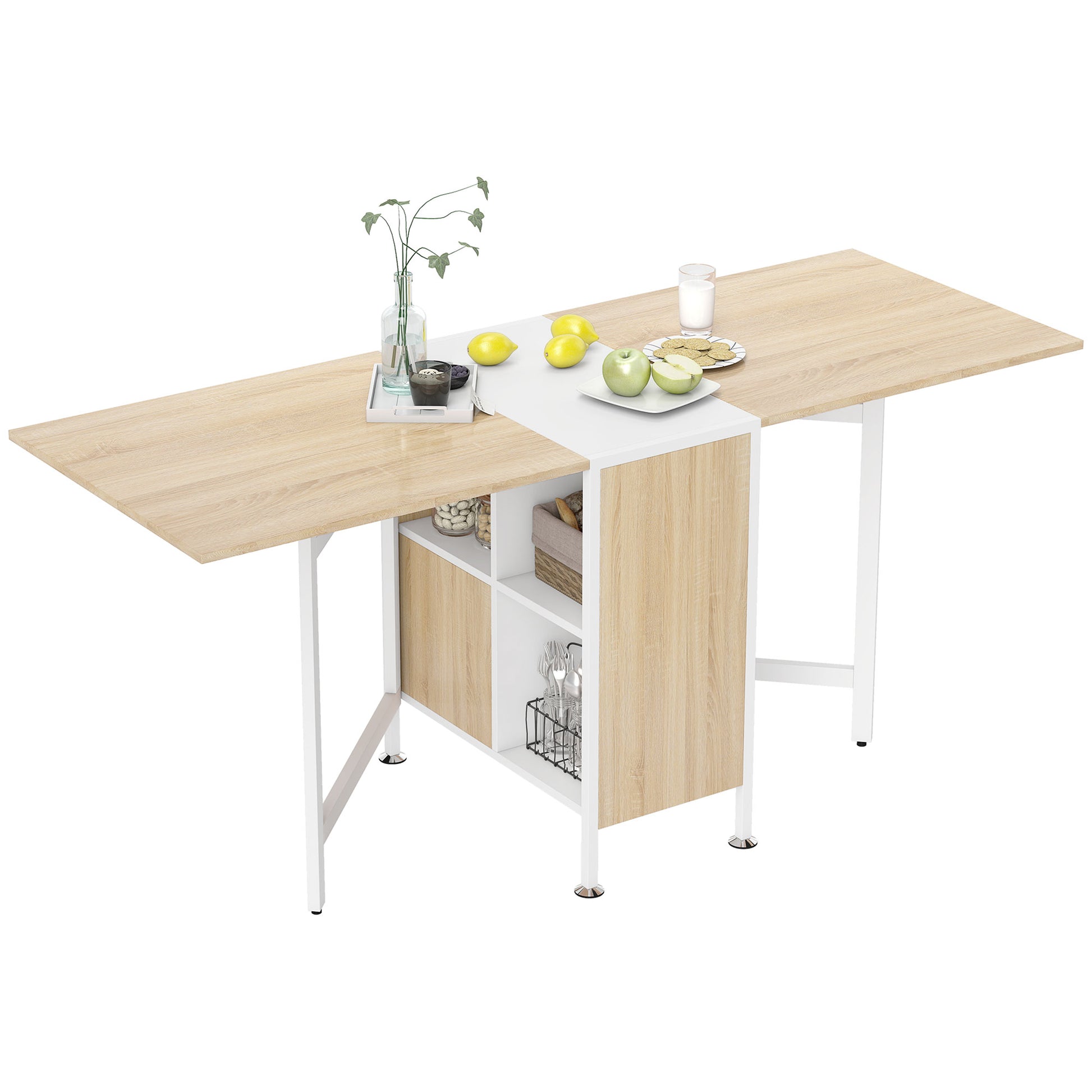 Folding Table Dining Table Side Tables Shelf for Living Room Kitchen Oak Wood Metal Frame Natural+White 169 x 60 x 75 cm