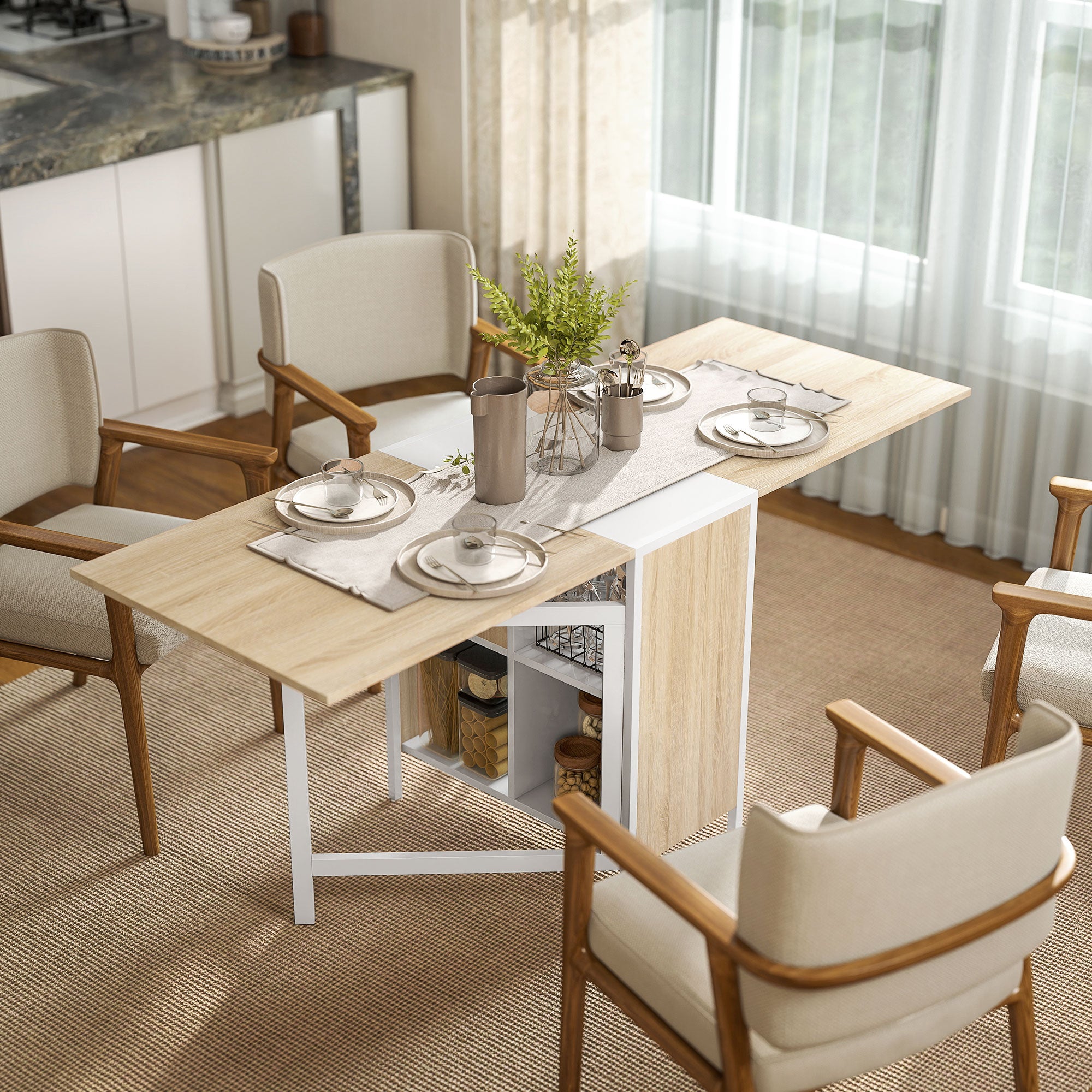 Folding Table Dining Table Side Tables Shelf for Living Room Kitchen Oak Wood Metal Frame Natural+White 169 x 60 x 75 cm